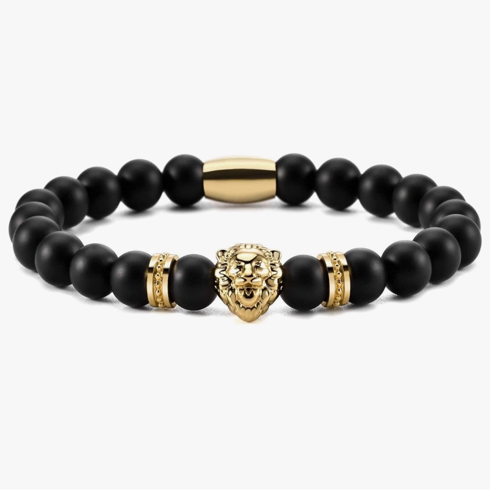 Black Onyx Lion Head Bracelet – 8mm Beaded Stainless Steel Leo Bracelet